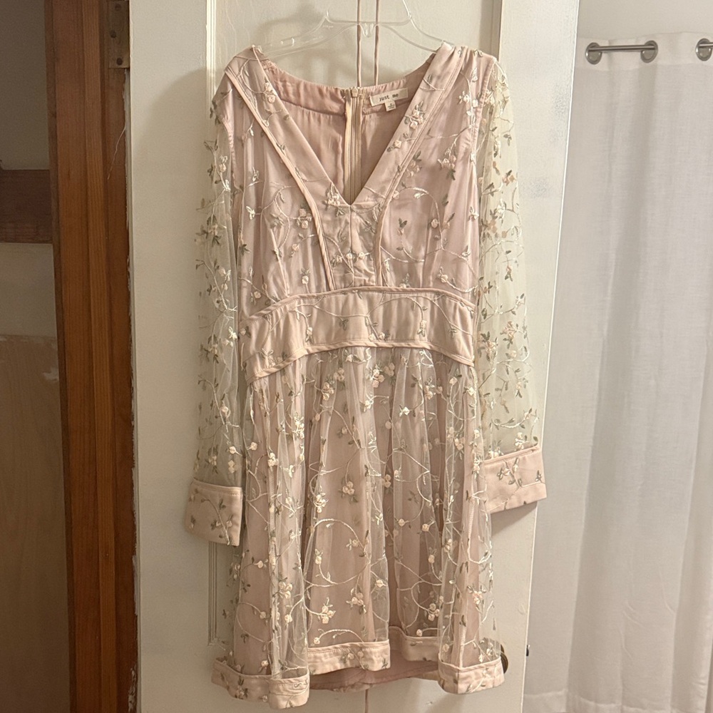 Just Me Pink Floral Embroidered Long Sleeve Dress